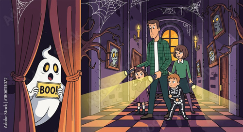 Halloween Spooky Adventure: A family's thrilling trek into a haunted mansion filled with ghosts, creating a playful ambiance of spookiness and adventure.