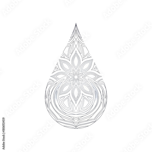 Intricate mandala-like floral pattern within a teardrop shape, detailed line art illustration.