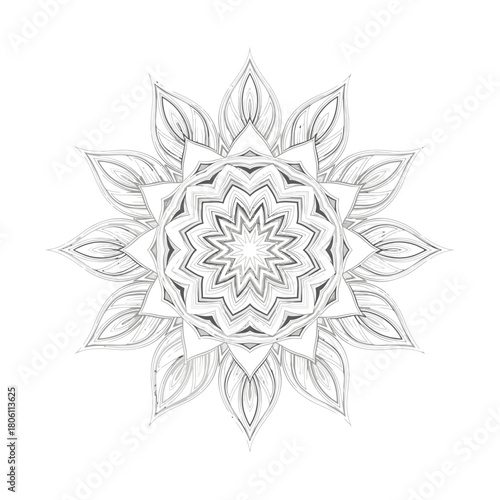 Intricate black and white mandala illustration with delicate symmetrical floral and star patterns, perfect for meditation or coloring.
