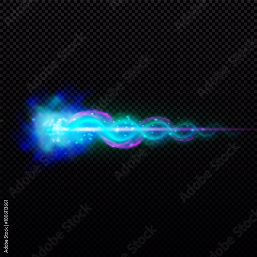 Gun shot with blue fire and smoke effect, weapon firing blast helix flame trail, vector realistic bullet shoot explosion