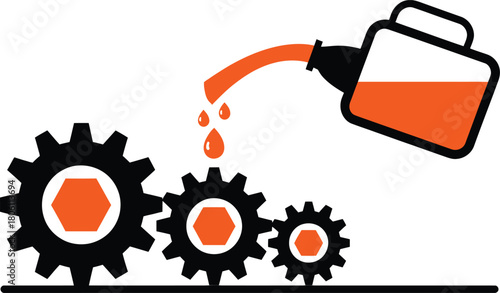 Orange Fluid Pouring Onto Black Gears with Orange Hexagons Inside, Illustration on White Background