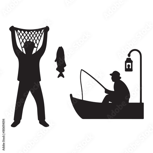 Silhouette of fisherman with net and fishing rod isolated on