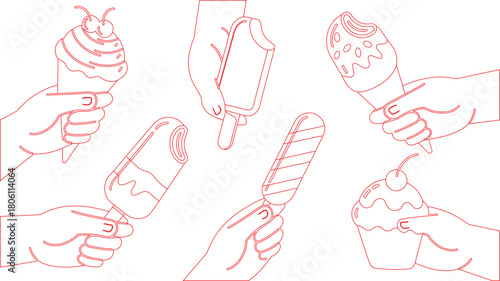 Outline Illustration Hands Holding Assorted Ice Cream Cones, Popsicles, and a Cupcake with a Cherry