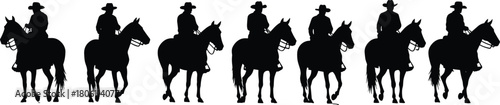 Cowboy and cowgirl silhouette riding horses, representing western culture, ranch work, equestrian lifestyle, tradition, travel, and adventure on white background