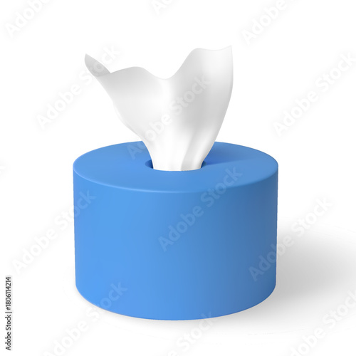White hygiene tissue in blue round box package vector mock up, 3D realistic kitchen towel, bathroom napkins container