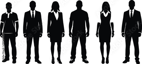 Diverse business people silhouette set, representing corporate identity, teamwork, professional staff, office attire, customer service, and full body figures on white background