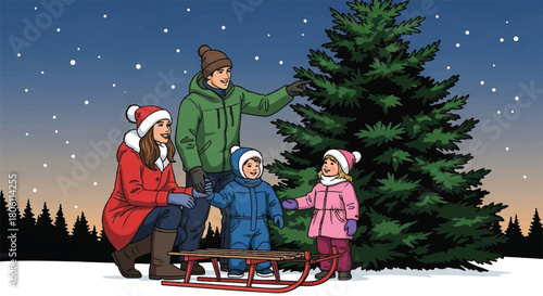 Winter Family Christmas Tree: A family gathers in a serene, snow-dusted forest at dusk, with their christmas tree to bring the magic of the season to life. 