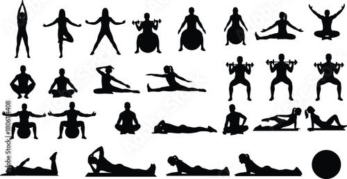 Fitness, Yoga, and Exercise Silhouettes Vector Collection, Workout Poses, Stretching, Training, Wellness, Health, and Bodybuilding Graphic Set