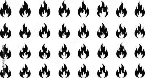 Flame icon grid, black fire symbols, heat silhouette design, burning vector set, fire shape collection, pattern illustration, decorative graphic