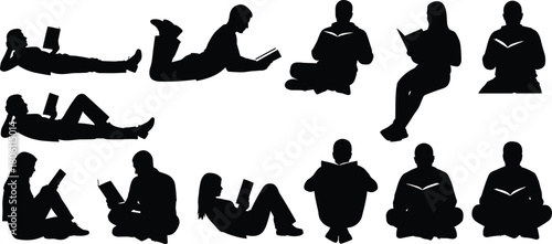 People reading books silhouette collection, representing education, learning, student life, literature, relaxation, hobbies, and knowledge pursuit on white background