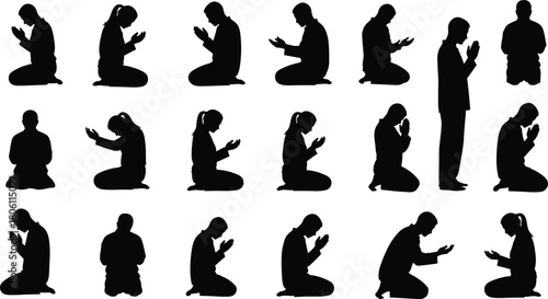 People praying silhouette collection, kneeling in worship, representing faith, spirituality, religion, hope, gratitude, meditation, and devotional practice on white background