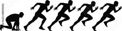 Runner starting sequence silhouette, showing rapid progress, speed, growth, career development, competition, business launch, and forward motion on white background