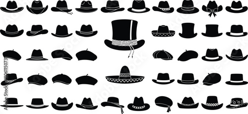 Set of fifty diverse iconic classic vintage hat silhouettes black and white vector graphic elements for fashion design accessory collection