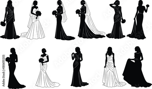 Wedding dress silhouette collection, bridal gown poses, black fashion icons, bouquet holding bride, elegant vector design, bridal style illustration