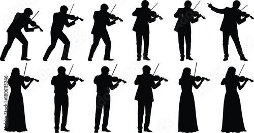 Violinist, silhouette, vector, black, musician, orchestra, classical, music, performance, pose, male, female, concert, standing, playing, elegant, artistic, clipart, icon, isolated