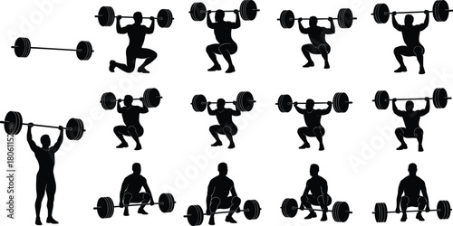 Weightlifter performing squats, clean and jerk, and deadlifts silhouette collection, representing strength, fitness, power, heavy lifting, gym training, and intense exercise