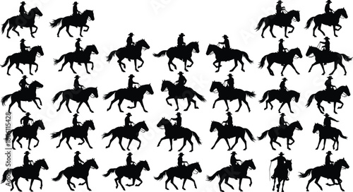 Western Cowboy Riders Silhouette Collection Vector Set, Horseback Riding, Rodeo, Equestrian Sport, Ranching, Black and White Graphic Design Element