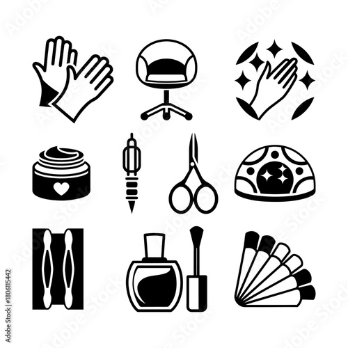A cohesive collection of minimalist monoline icons representing essential manicure tools, equipment, and services.
