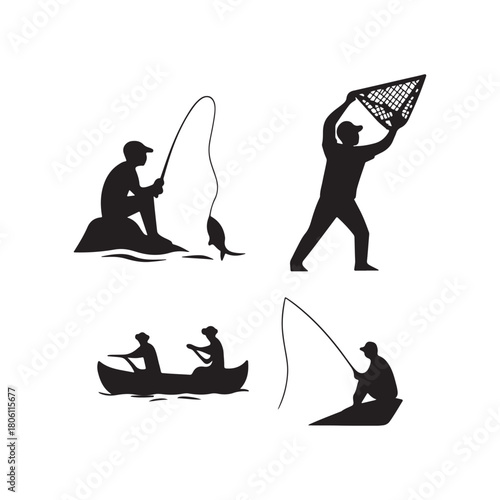 Silhouette of fishermen in various activities isolated on