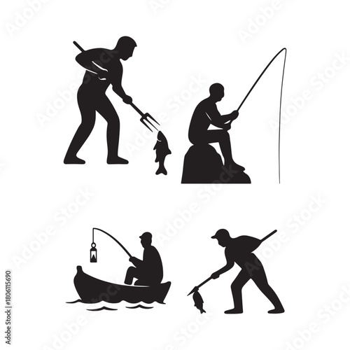 Silhouette of fishermen in various activities isolated on