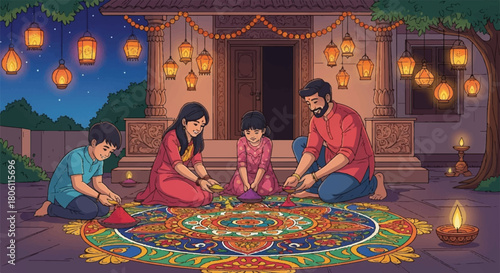 Celebration of Colors: A close-knit family, united by tradition, meticulously crafts an elaborate Rangoli. In the soft glow of lanterns, the family members are immersed in their joyful practice.