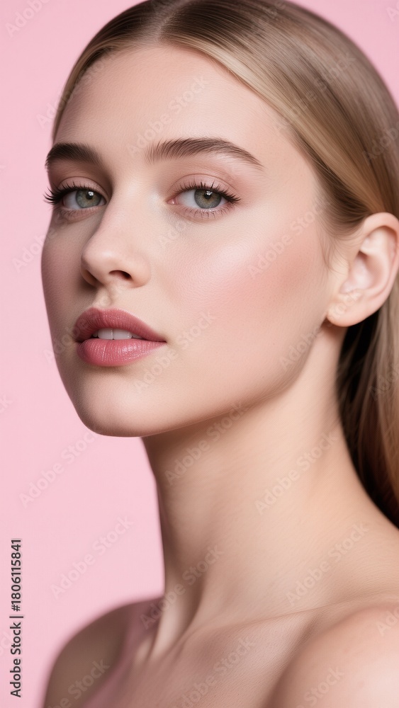 Fototapeta premium Serene White Brunette Woman Gazing Softly on Pink Background