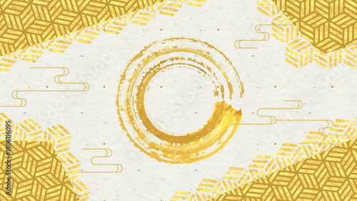金色の箔と伝統文様を組み合わせた和モダン背景。和風デザイン・正月・祝賀用素材。Japanese Modern Gold Foil and Traditional Patterns Background