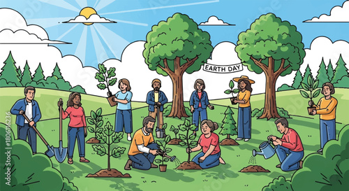 Community Planting: Illustrative depiction of a community working together to plant trees on a bright day, symbolizing unity and environmental conservation.