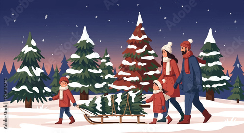 Winter Family: A heartwarming illustration of a family on a snowy day, embarking on a joyful adventure to gather a Christmas tree. The scene embodies the spirit of the season.
