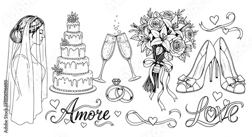 Wedding elements line art set
