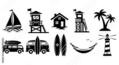Summer beach vacation icons set