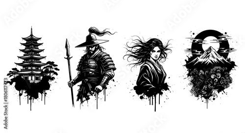 Japanese culture traditional symbols set