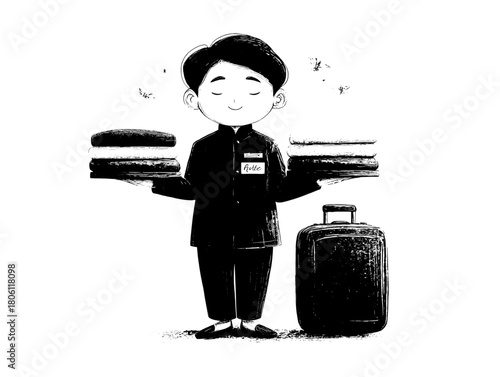 Red-uniform bellboy flat icon, black pants, vector white BG—hotel app nav, booking btn or key-card sticker ready
