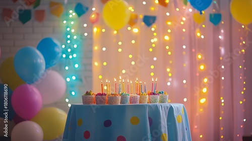 Happy birthday party decorations for kids with glowing lights, colorful garland, and festive photo area setup