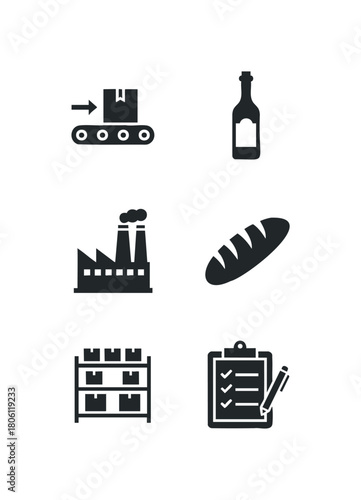 Collection of industrial and food production icons including a conveyor belt, factory, storage rack, bottle, bread, and checklist