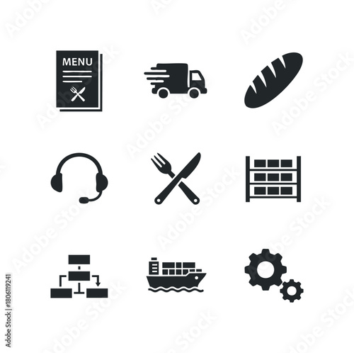 Collection of nine simplified icons representing logistics, food service, and industrial concepts on white background