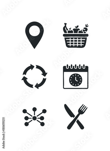 Collection of six diverse icons including a location marker, a basket of fruit, a circular arrow symbol, a calendar with a clock, a network diagram, and crossed knife and fork