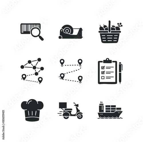 Collection of nine black icons representing logistics, delivery, and shopping services including a barcode with a magnifying glass, tape dispenser, fruit basket, network graph, route pins, checklist