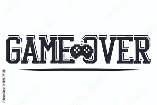 Bold game over text with pixelated controller replacing letter ME under solid line