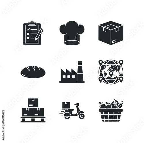 Collection of Nine Icons Depicting Logistics, Food Production, and Delivery Services
