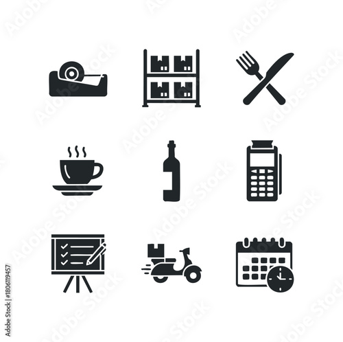 A set of black silhouette icons depicting business and service related objects like a tape dispenser, storage shelves, cutlery, coffee cup, bottle, payment terminal, checklist, delivery scooter