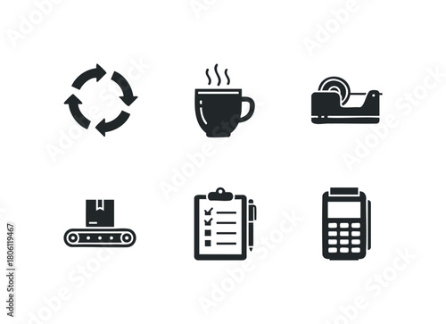 Collection of Six Solid Black Icons Depicting Business and Logistics Concepts