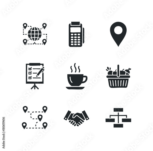 Set of nine diverse flat icons representing global travel, payment processing, location markers, business planning, coffee break, grocery shopping, collaboration, and organizational structure.