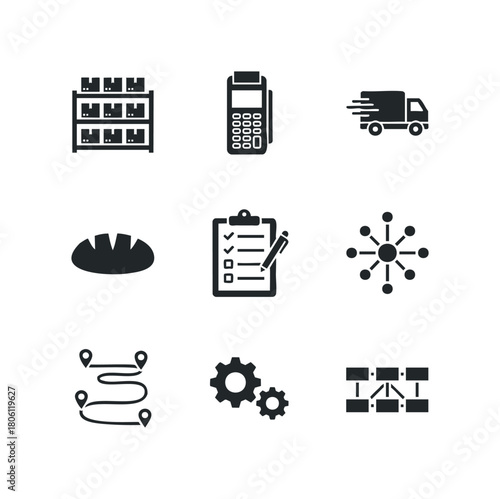 Set of monochrome icons representing logistics, business processes, and planning tools for delivery and operations