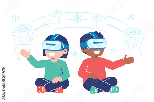 Happy children wearing VR headsets experiencing virtual Christmas gifts