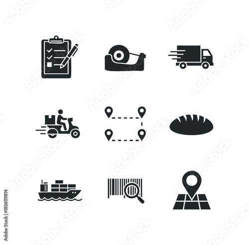 Set of icons representing logistics and delivery services including checklist, tape dispenser, truck, scooter delivery, map pins, bread, cargo ship, barcode scan, and map marker.