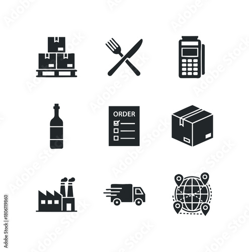 Collection of nine simplified icons representing logistics, shipping, food service, manufacturing, and payment processing