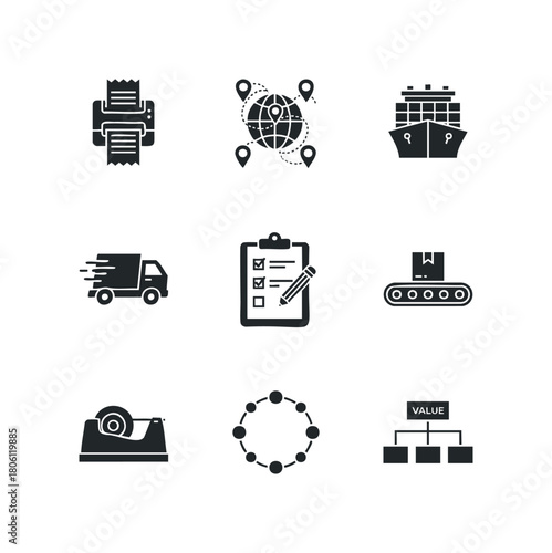 Set of nine business and logistics icons including a printer, global shipping routes, cargo ship, delivery truck, checklist, conveyor belt, tape dispenser, circular diagram, and organizational chart.