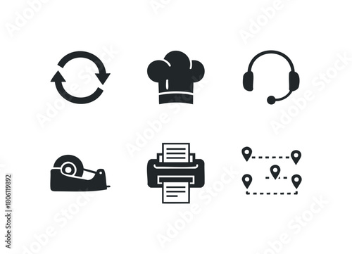Collection of Six Flat Black Icons Featuring Loop Arrows, Chef Hat, Headphones, Tape Dispenser, Printer, and Map Pins