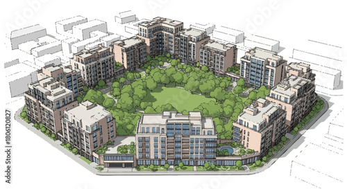 Urban Oasis: A meticulously crafted architectural rendering depicts a vibrant community, where modern residential buildings encircle a serene park, harmonizing urban living with natural tranquility.